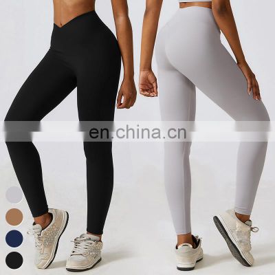 Running Wear Quick Dry Sport Legging Custom Gym Fitness Tights Women Cross Waistband Pants Butt Lift High Waist Yoga Leggings