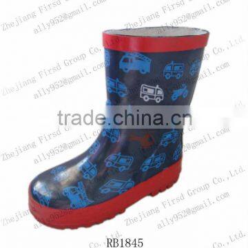 2013 kids' rubber rain boots with blue vehicle pattern