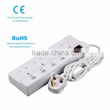 multi UK plug 4 gang 13a ac power sockets outlet with 2.1a 1a 4 usb ports