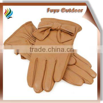 Fast shipping HEBEI Long Yellow Winter Lambskin Plain Style Lined Young Ladies Leather Gloves