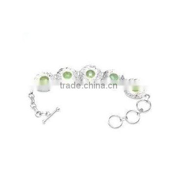 Natural Round Prehnite Chalcedony Gemstone Sterling Silver Bracelet