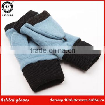 Ladies Bestselling Cheap Flip Top Fingerless Wool Gloves with Knitted Cuff; Half-Finger Woolen Mittens; Blue Flip Flap Warmers