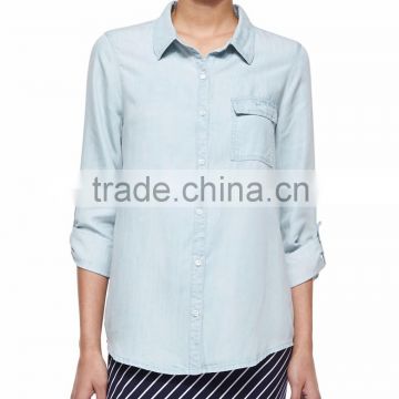 Top selling ladies 2015 summer long sleeve chambray denim shirt for women SYA15361