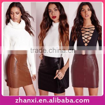 Wholesale fashion lady sexy tight zipper design mature woman leather mini skirt