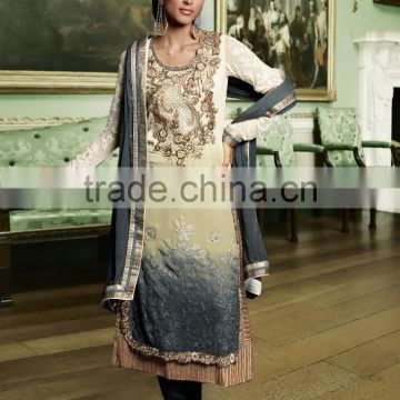 Cream Grey shaded color on zari embroidery heavy design at neck and rich bottom border Designer Semi Stitch Salwar Kameez