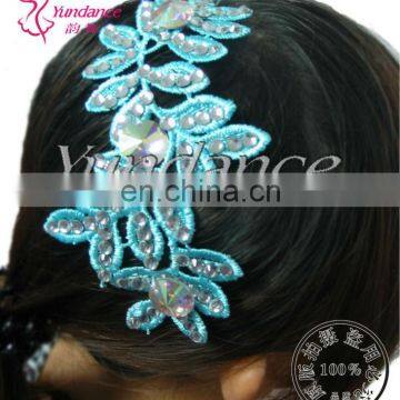 H-02 Handmade Blue Lace Flower Leafy Crystal Headdress