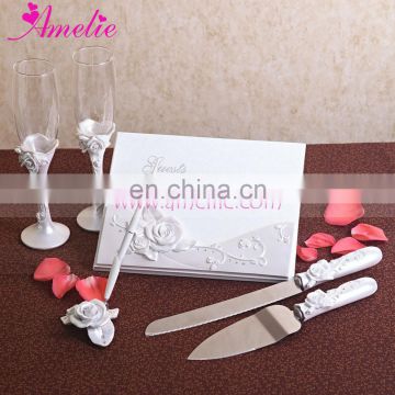 Resin Material Rose Flower Decorated Wedding Guestbook Cake Knife Set Wedding Decoration