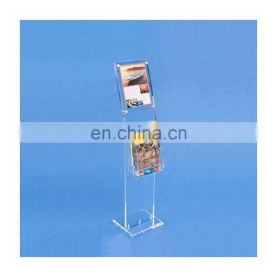 acrylic advertising sign floor stand brochure holder with pockets