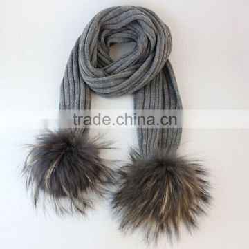 RRSC001C 2015 New Design Removable Raccoon Fur Pom Pom Knitted Scarf Real Fur Knitted Kids Scarf