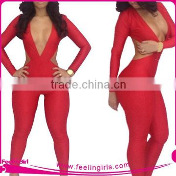 wholesale long sleeve red woman bodycon jumpsuits