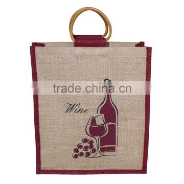 Eco-Friendly 3 Wine Bottle Jute Bag - features cane handles, plastic window and