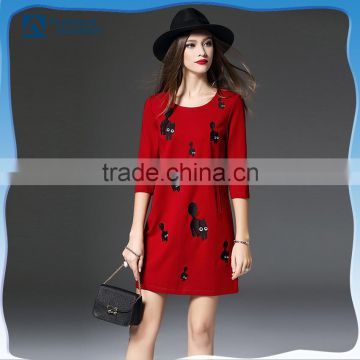 New fashion pocket three-quarter sleeve red color roma fabric embroidery beautiful lady one-piece dress