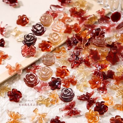 30 mesh red Maillard nail accessories, coffee resin butterfly frozen through camellia, autumn and winter nail diamonds