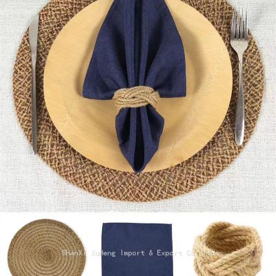 Cheap Wholesale Round Shaped Rattan Place Mat Blue Napkin Cloth And Rattan Napkin Ring For Wedding Budget Event Decoration