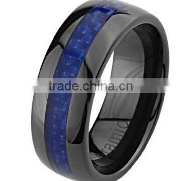 Mens Ceramic Wedding Band with Blue Carbon Fiber Inlay