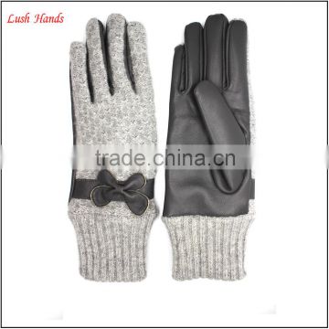 fashion women and gril Elegant gloves back grey and blue woolen and palm grey sheepskin leather gloves with bow