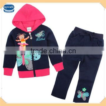 FG4655# navy 18M/6Y long sleeve zipper children's clothes fleece hoodie set girls printed outfits baby branded clothes