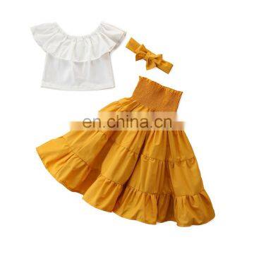 Fashion Kid Baby Girl Off Shoulder Ruffles Top High Waist Skirt Headband 3pcs Summer Outfit Set Clothes