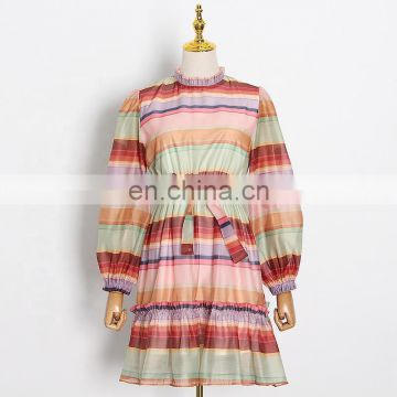 TWOTWINSTYLE Dress For Women Patchwork O Neck Lantern Long Sleeve Striped Hit Color Bowknot Sashes