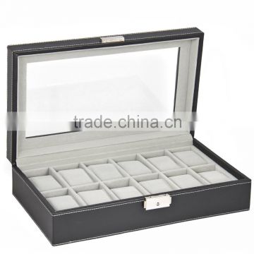 Watch Box Large 12 Mens Black Leather Display Glass Top jewelry gift boxes Case Organizer