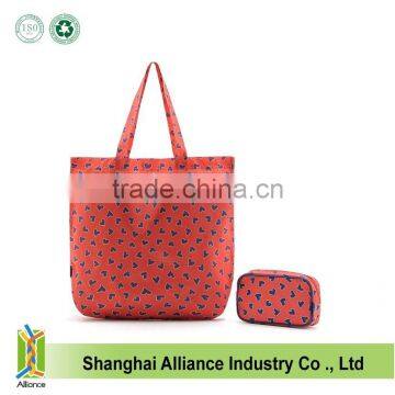 Dot Watermelon Color Full Printing 190D Polyester Foldable Shopping Tote Bag,Folding Into A Purse