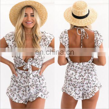 Europe And America Sexy V Collar Backless Frenulum Printing Bowknot Siamese Shorts