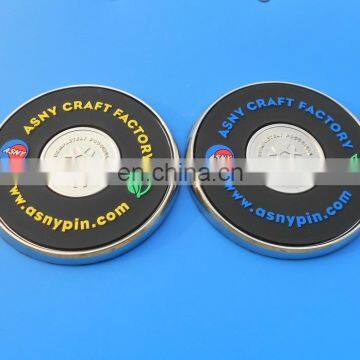 zinc alloy metal base and embossed logo leather coasters