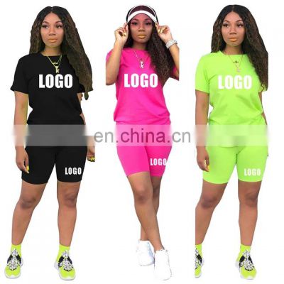 Custom logo wholesale women's short-sleeved plus size t-shirt + shorts 2-piece casual sports neon suit jogger S-4XL