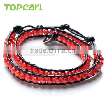 Topearl Jewelry Potato Shape Red Freshwater Pearl Bracelet Woven Leather Wrap Festival Bracelets for Women 14 inches CLL162