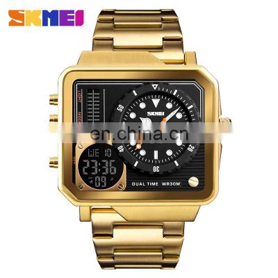 Fashion luxury quartz wristwatch Skmei 1392 top selling 3ATM waterproof stainless steel square dial dual time watches