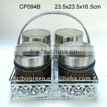 4pcs round glass jar with black leather coating with silver rack(CP094A)