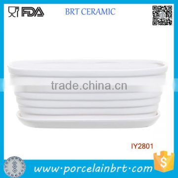 White Ceramic Ribbed Tub Design Pot Garden Plant Box