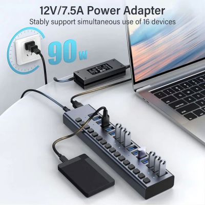 16 Ports USB 3.0 Hub with Individual On/Off Switches Splitter