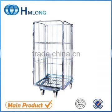 Huameilong 3 sides warehouse wire roll cage trolley