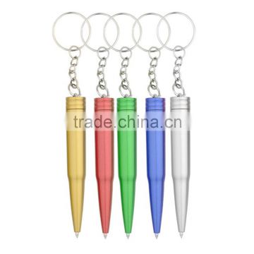 Novelty bullet shape twist action mini custom ball pen with key chain as promotional gift