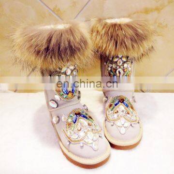 Aidocrystal Handmade Women fur Snow Boots with rhinestone