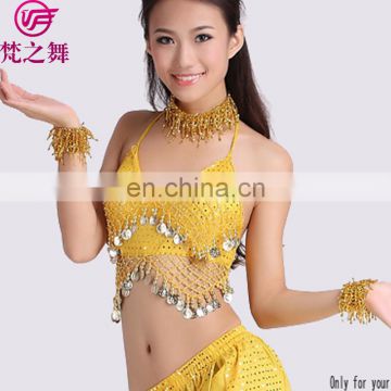 S-3012 Wholesale cheap shiny cloth hot selling hanging coin belly dance top clothes
