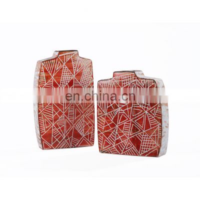 Central Asian Style Geometric Pattern Hand Drawn Series Red And White Ceramic Vases For Home Decor