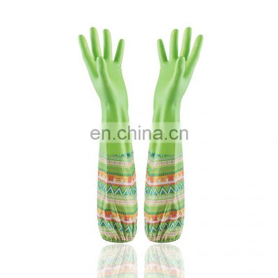 Factory Supply Long Cuff With Flower Pattern 38cm Length Pink Red Nature Latex Laundry Dishwashing Household Gloves