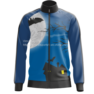 Black and Blue Custom Sublimation Jacket of House and Tree Pattern with Black Zipper