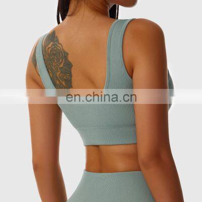 Seamless Sexy Womens Gym Wear V Neck Tops Wholesale Ribbed Workout Sports Bras