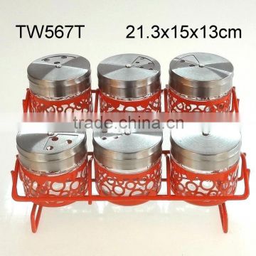 TW567T 6pcs glass spice jar set with metal casing and rack