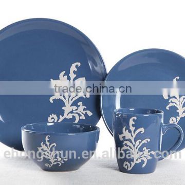 Moon shape blue color glazed embossed stoneware dinner set