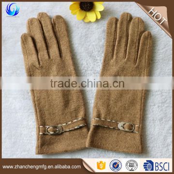 Factory custom cheap women light brown wool gloves with belt