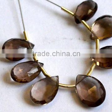 smoky quartz beads faceted pear natural gemstone 10 cts, 7 pcs