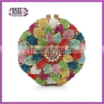 colorful round shape hard box flower crystal ladies clutch purses stone evening party clutch bag (88165A-C)