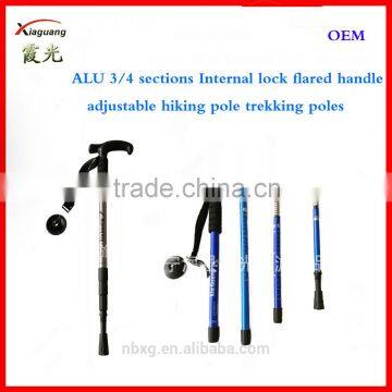 aluminum 3/4 sections Internal lock flared handle adjustable hiking pole trekking poles