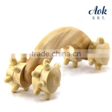Bent-handle wooden body massager with nail wheels