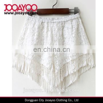 Fashion Women's White Elastic Waist Floral Crochet Tassel Short Pants