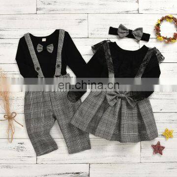 1-6Y Toddler Kid Girl Baby Clothes Set Black Long Sleeve Lace T shirt Tops + Plaid Ruffles Skirts Overalls Spring Girl Costumes